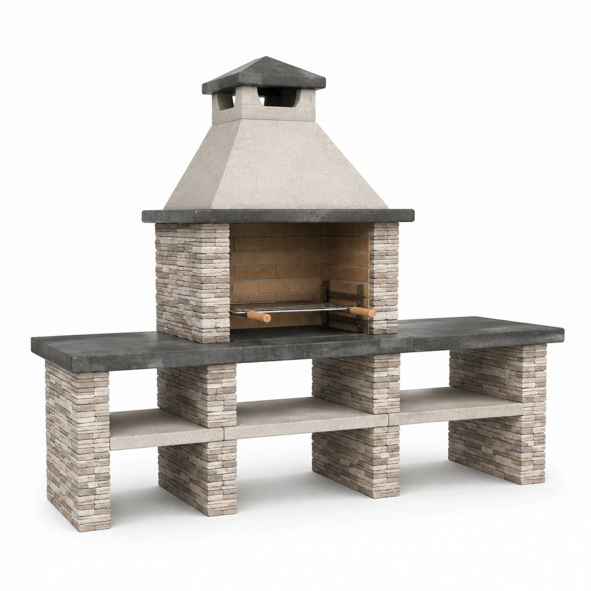 Barbecue in pietra e cemento con ripiani laterali 250x60x210 cm