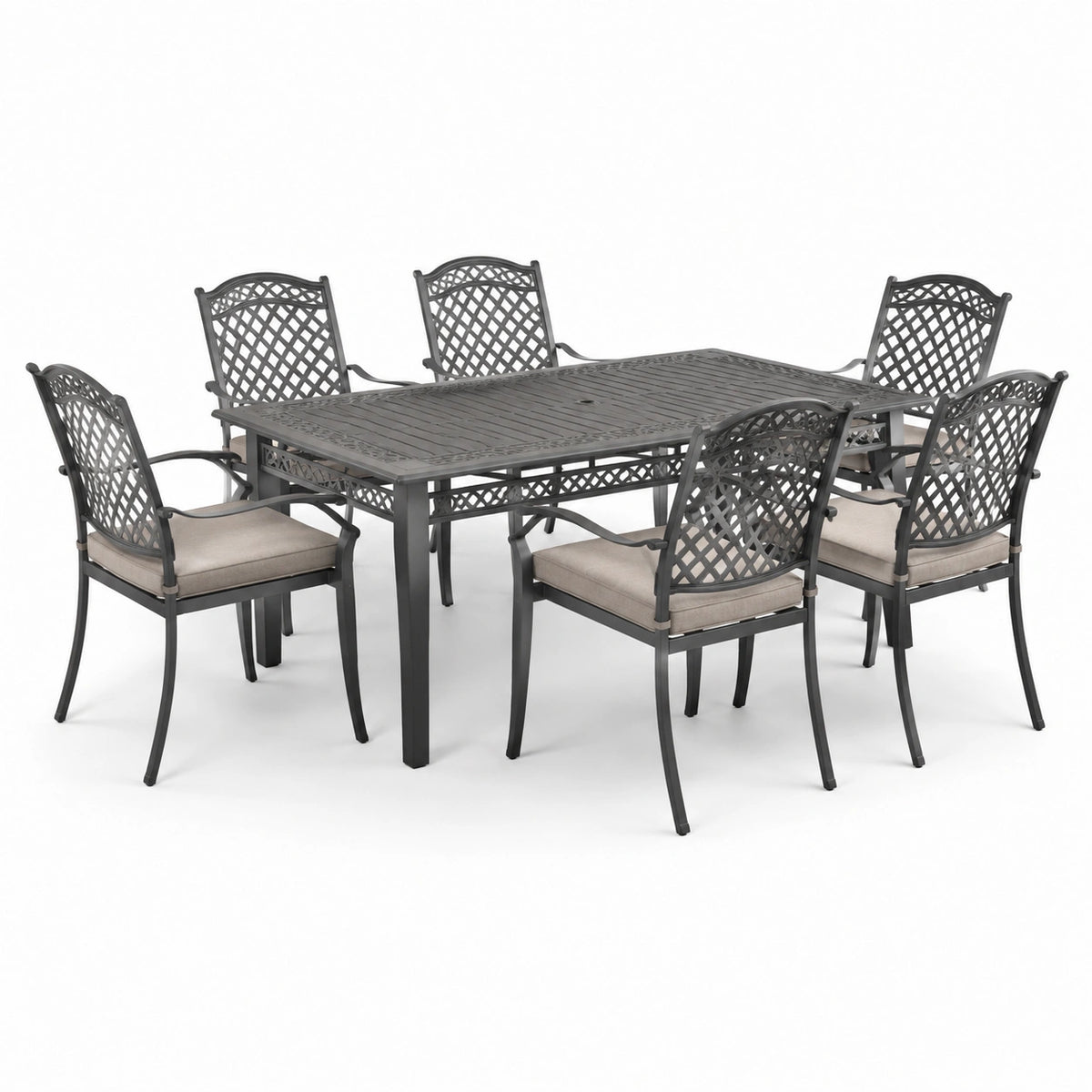 Set da pranzo in metallo da esterno con tavolo rettangolare e 6 sedie, grigio
