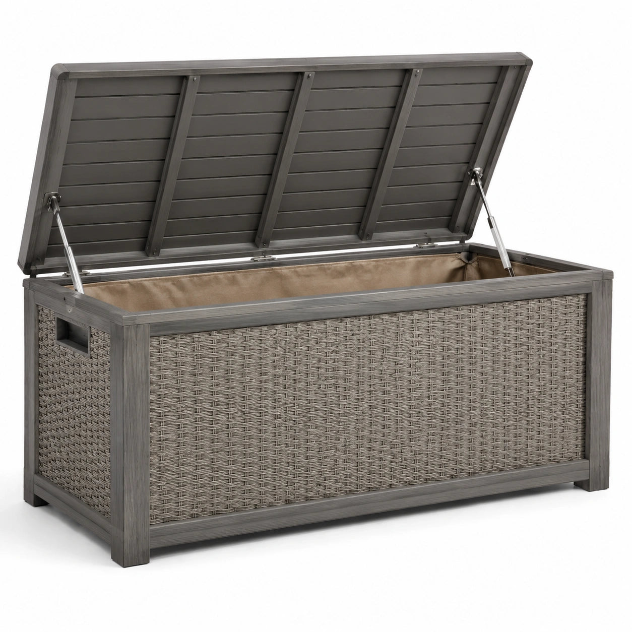 Cassapanca in rattan sintetico e metallo con coperchio sollevabile grigio
