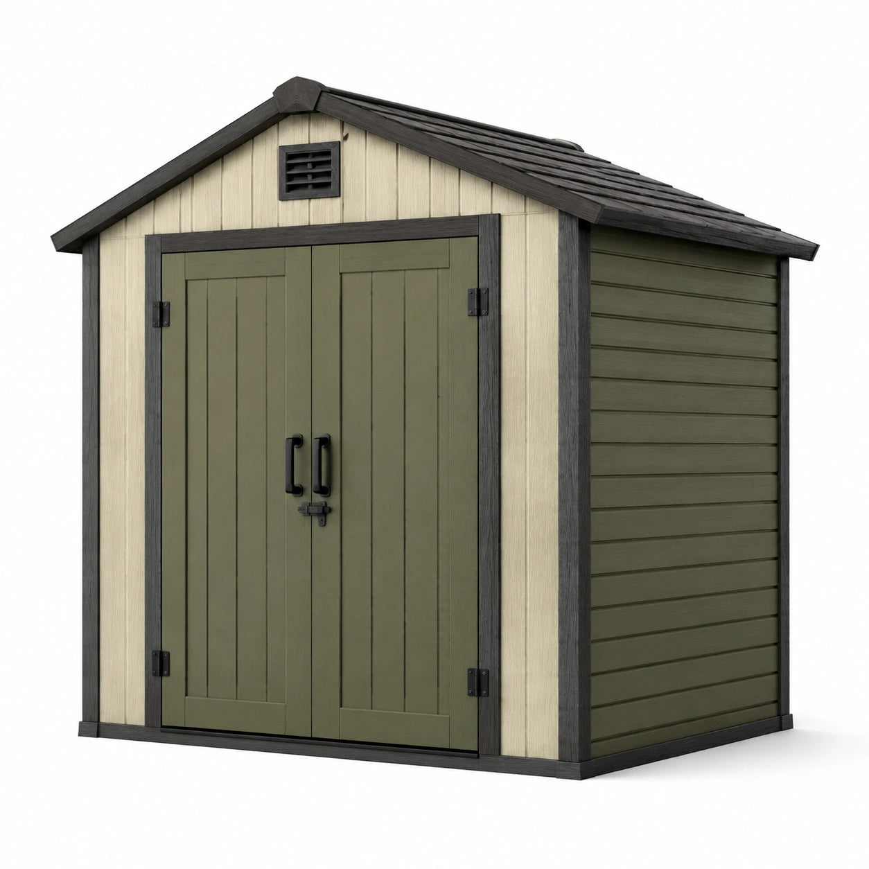 Casetta da giardino in resina con porte doppie verde e beige