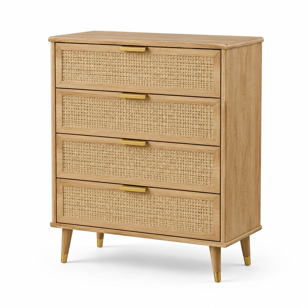 Cassettiera in Legno e Rattan a 4 Cassetti con Dettagli in Ottone