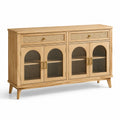Credenza in legno con porte in vetro e cassetti in rattan, colore naturale