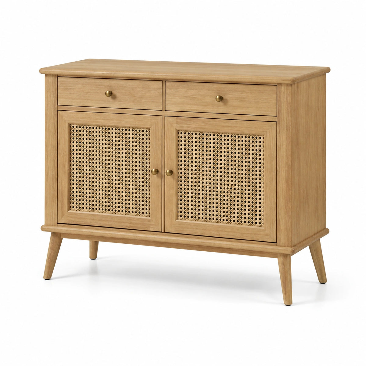 Credenza in legno massello e rattan con maniglie in ottone 80x35x75 cm