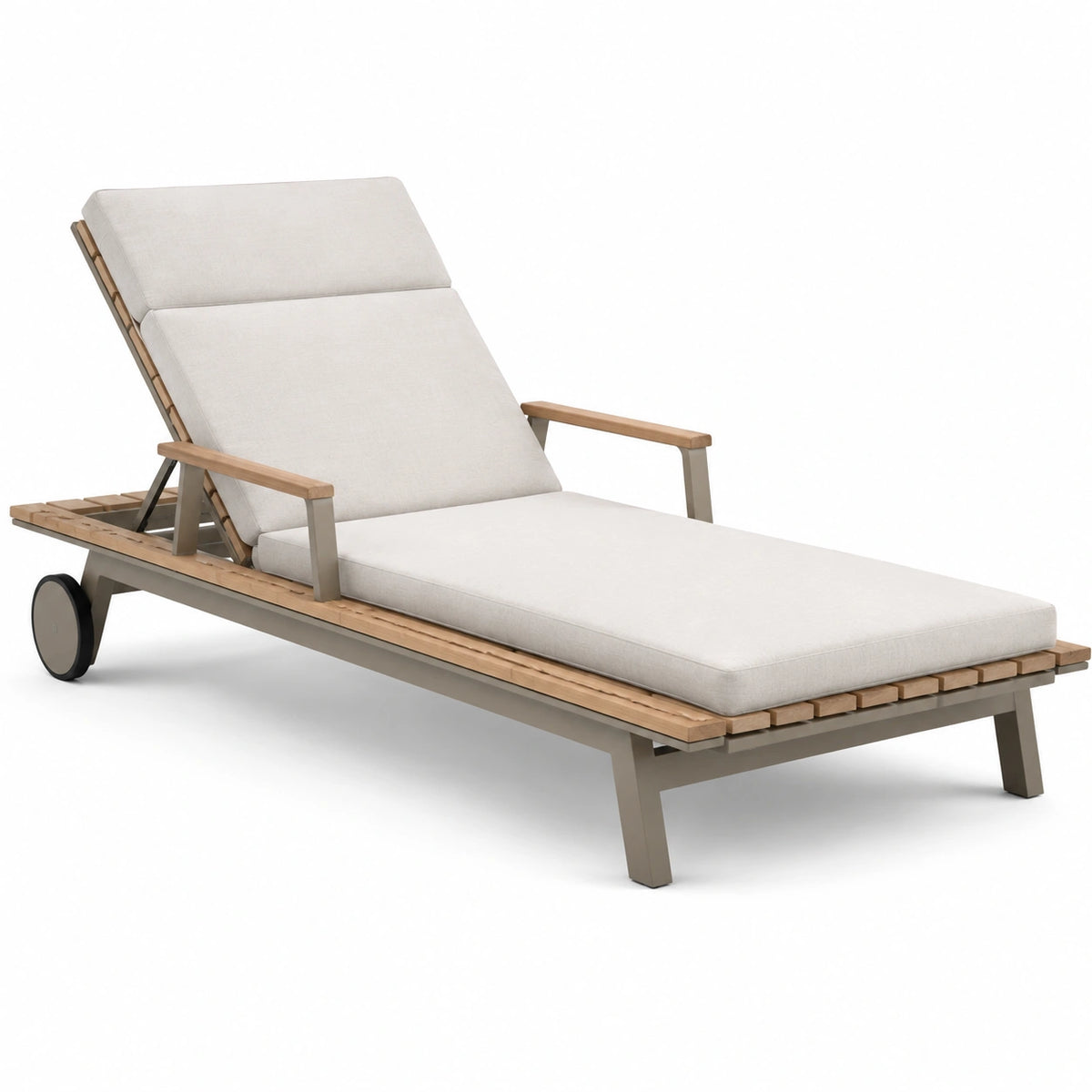 Lettino prendisole in legno di teak e alluminio con cuscino beige