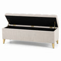 Panca contenitore in tessuto a coste beige con gambe in metallo
