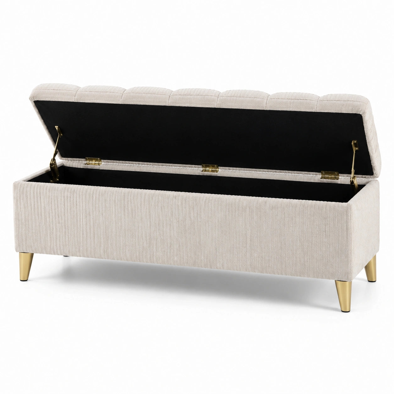 Panca contenitore in tessuto a coste beige con gambe in metallo