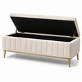 Panca contenitore in tessuto beige con gambe metalliche