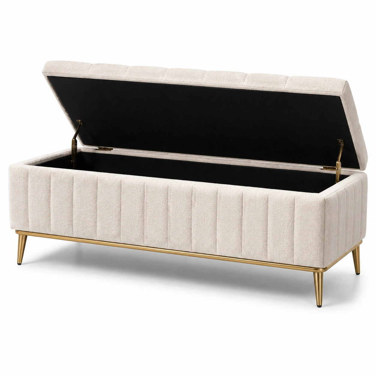 Panca contenitore in tessuto beige con gambe metalliche