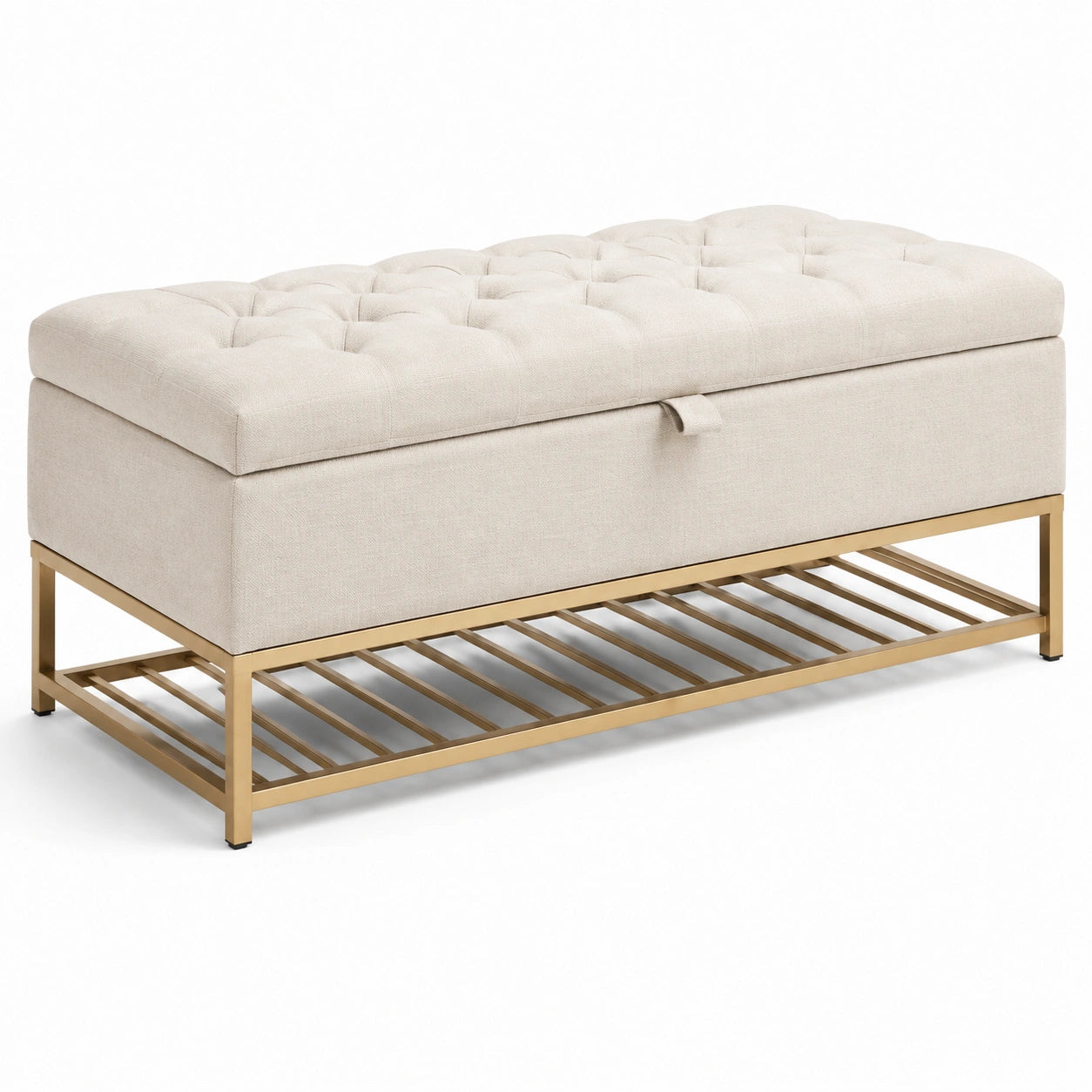 Panca contenitore in tessuto con struttura in metallo dorato beige