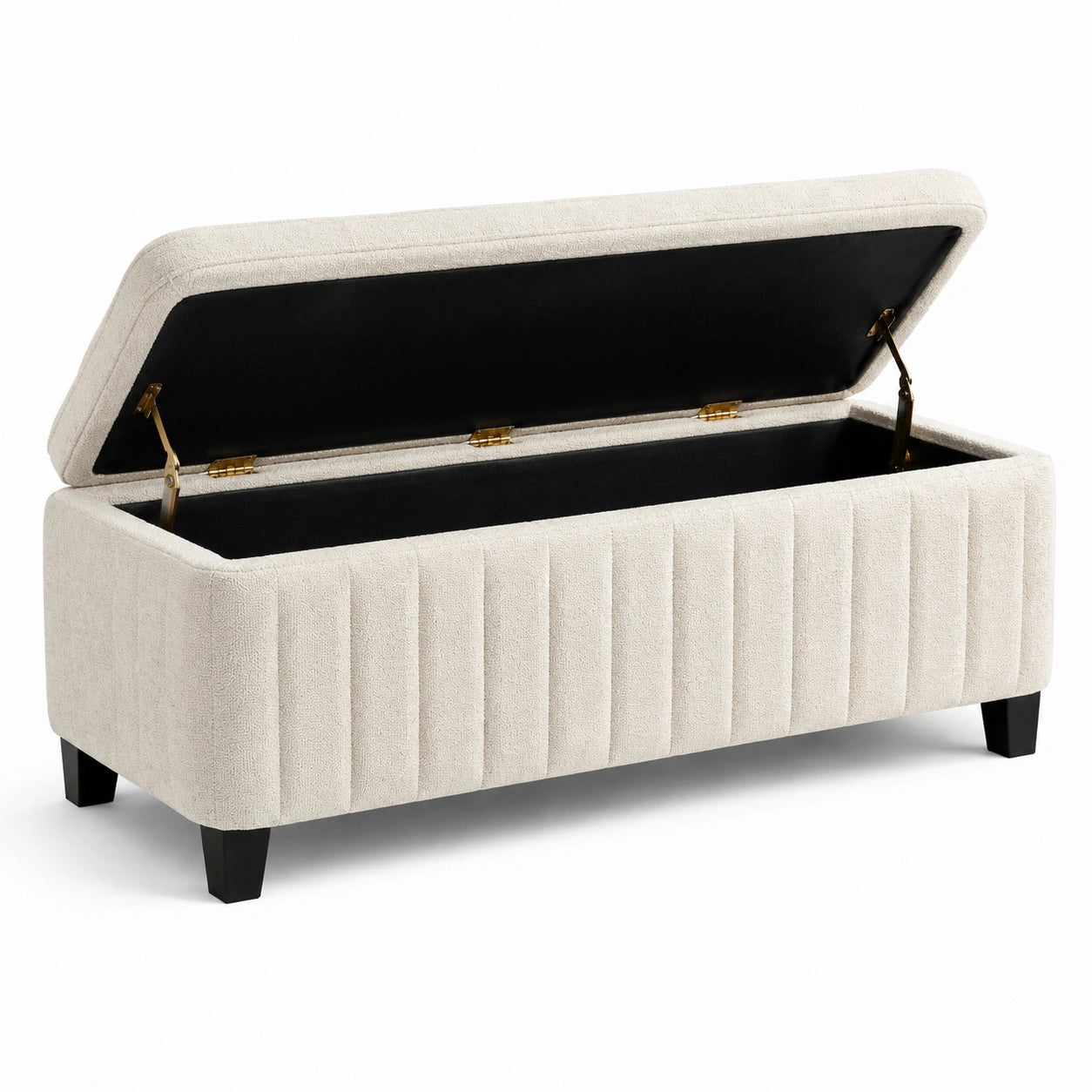 Panca contenitore in tessuto poliestere beige con gambe in legno