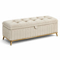 Panca contenitore in tessuto beige con gambe in metallo