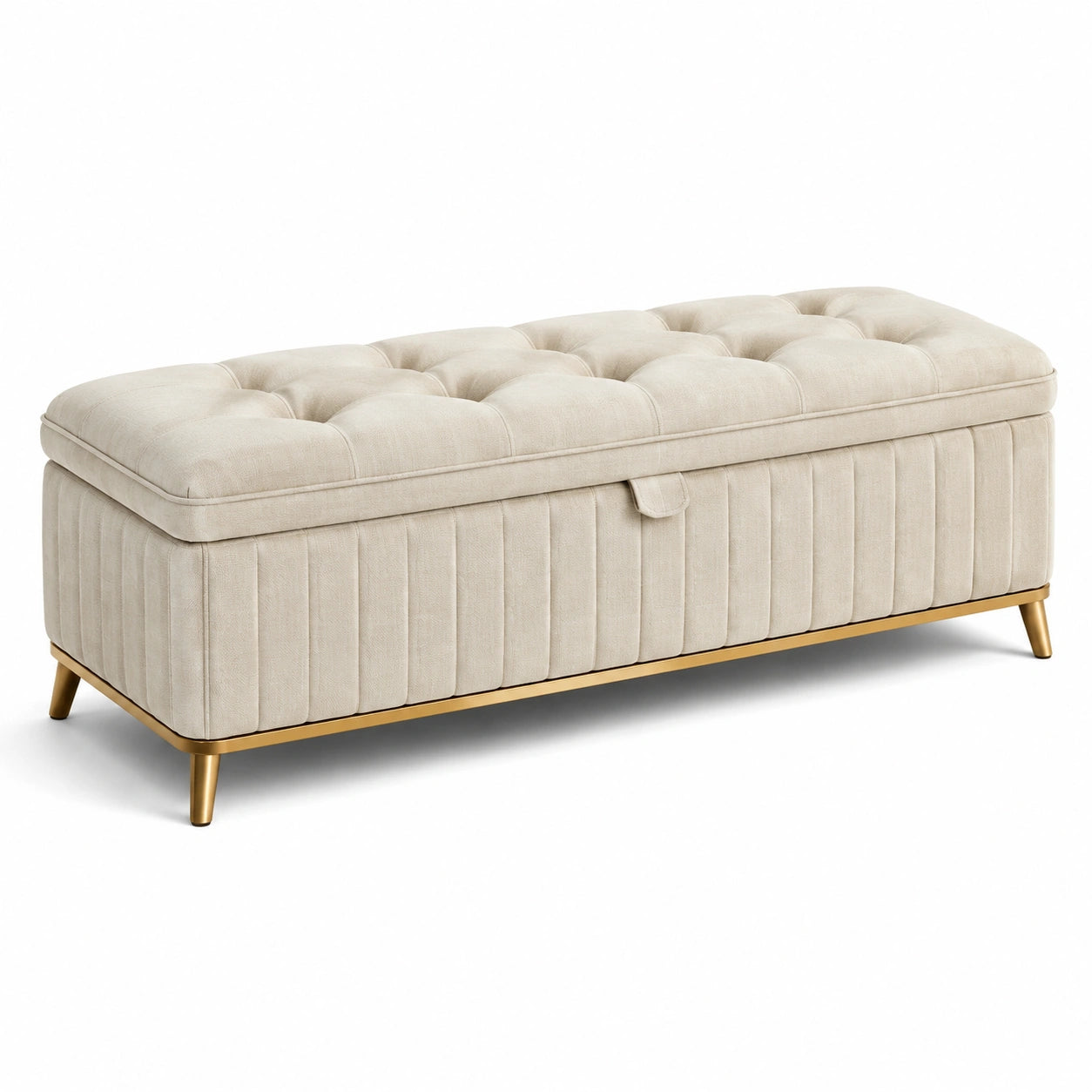 Panca contenitore in tessuto beige con gambe in metallo
