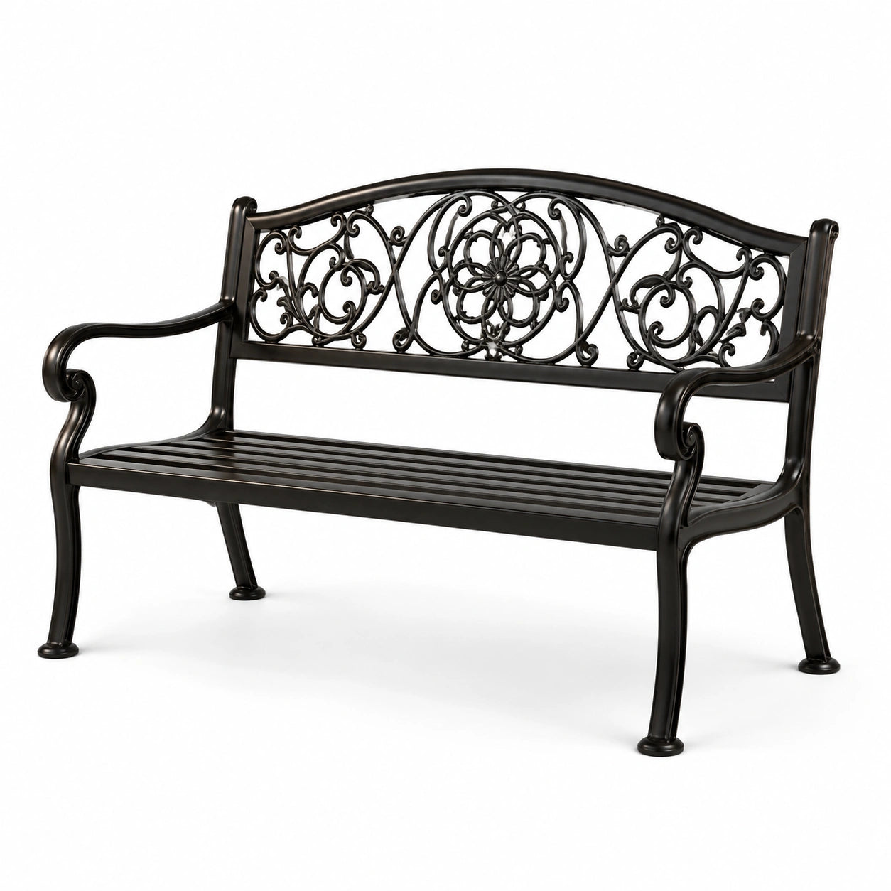 Panchina da giardino in ferro nero con schienale decorativo 127cm