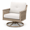 Poltrona girevole in legno e rattan con cuscini beige