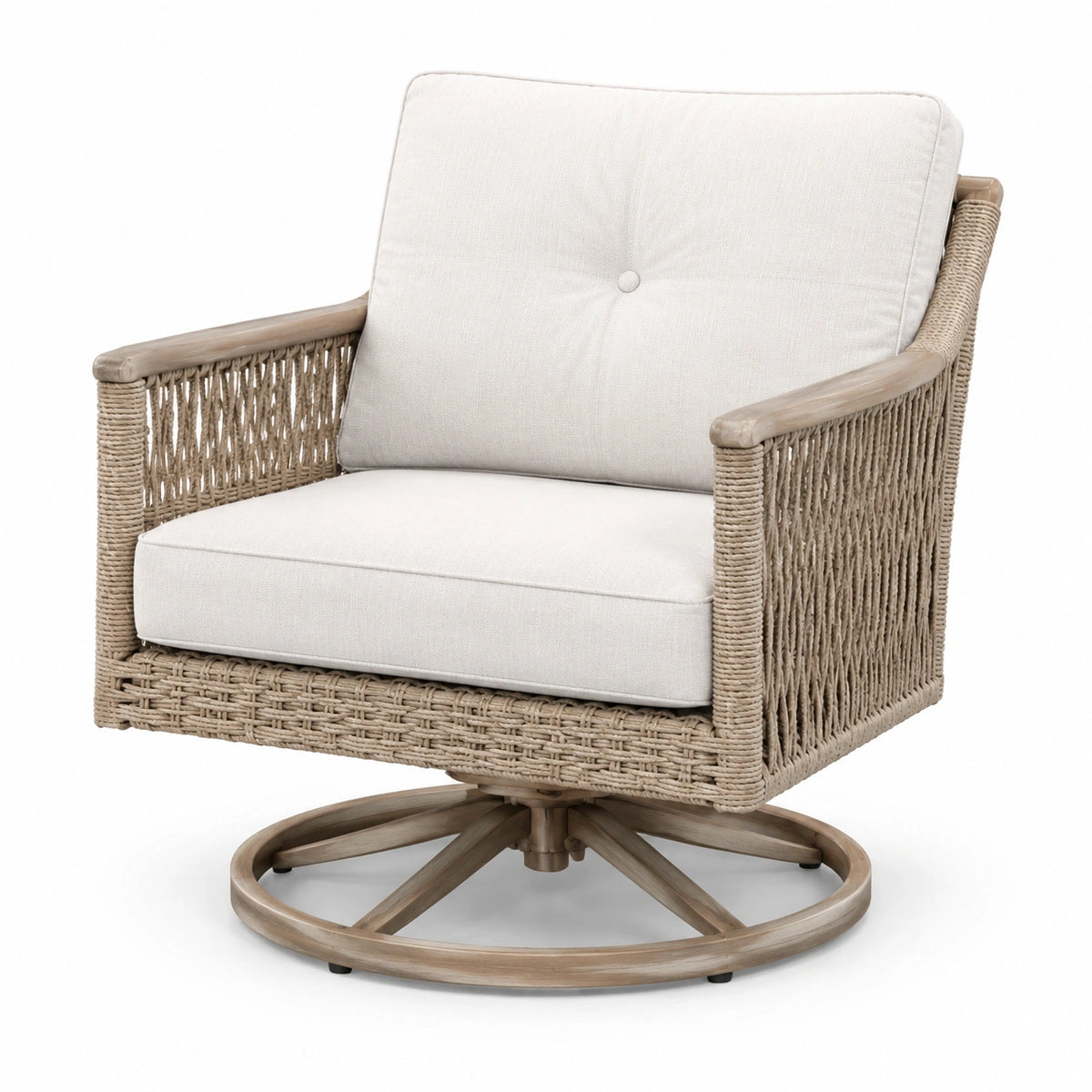 Poltrona girevole in legno e rattan con cuscini beige
