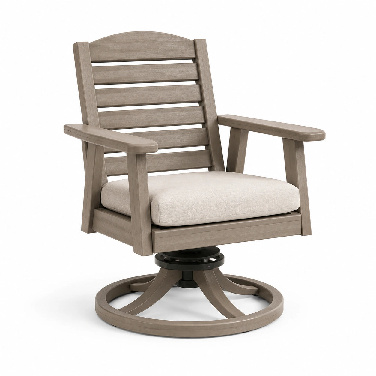 Poltrona girevole in legno con cuscino in tessuto beige